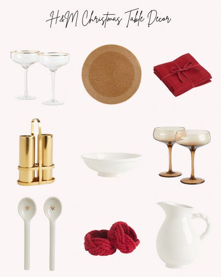 H&M Christmas Table Decor. Placemats, napkins, napkin rings, champagne glasses, pitcher, salt and pepper shakers, bowls

#LTKhome #LTKSeasonal #LTKHoliday