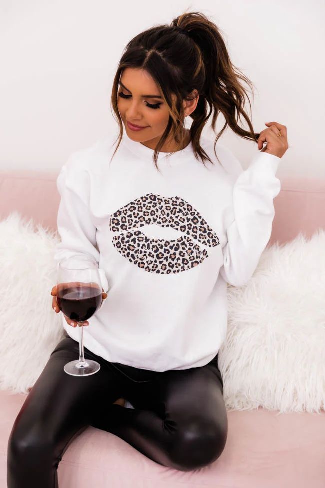 Animal Print Kiss Me Lips White Graphic Sweatshirt | The Pink Lily Boutique