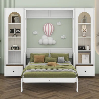 Queen Size Murphy Bed With Desk, Wall Bed With Storage Side Cabinets, Drawers And LED Light, Hideaway Wall Bed Frame With Shelves | Wayfair North America