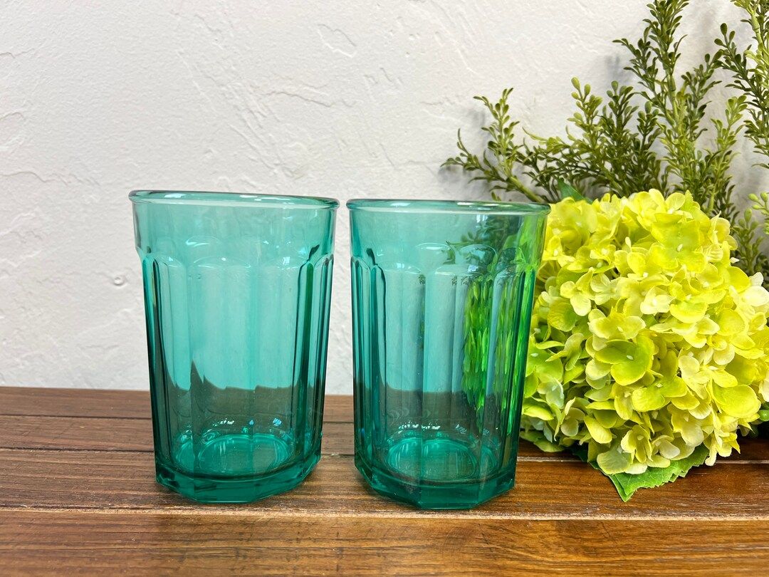 Turquoise Luminarc Working Collection Large Paneled Glasses | Turquoise Table Decor | Etsy (US)