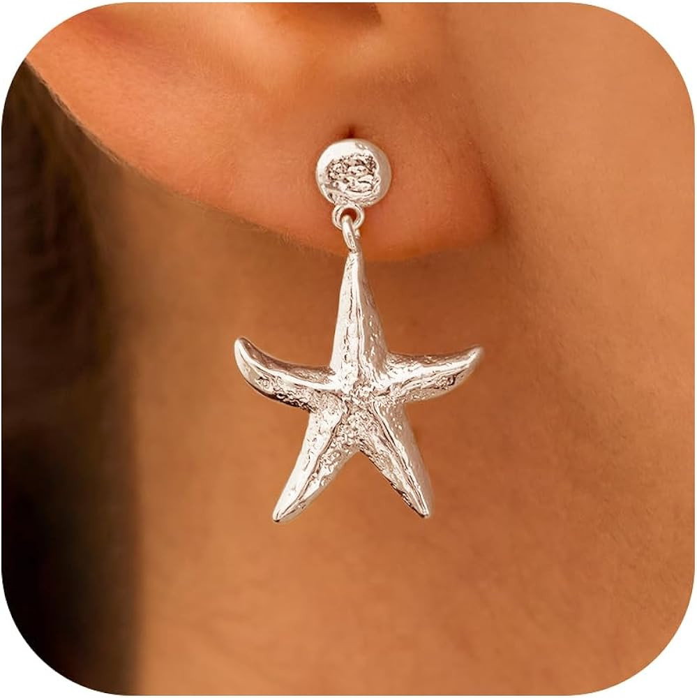 Beach Starfish Earrings – 14K Gold/White Gold Plated Seafish Shell Earrings, Coastal Beachy Sum... | Amazon (US)