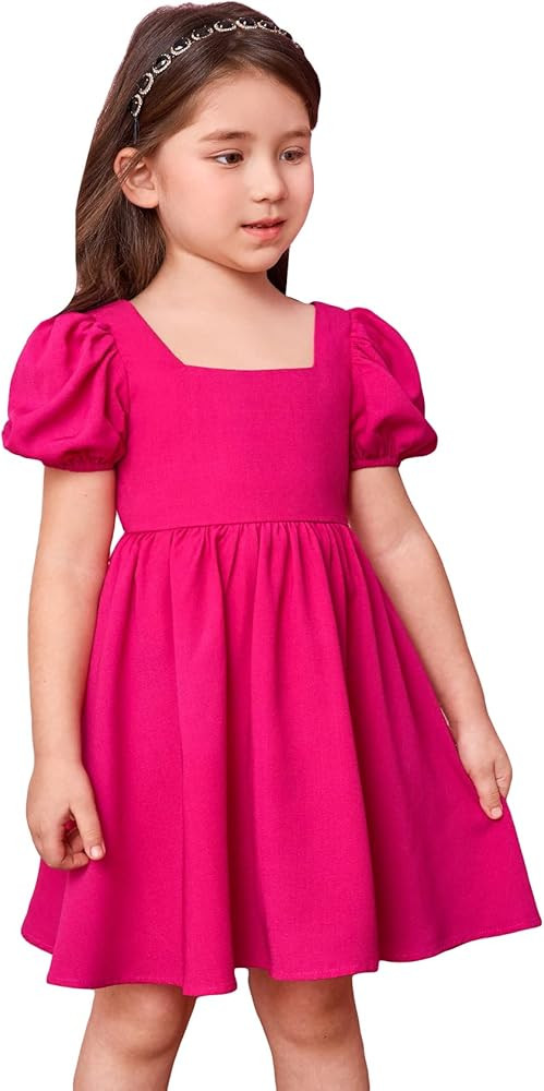 MakeMeChic Girl's Puff Sleeve Square Neck Button Tie Back Flared Party Summer Dress | Amazon (US)