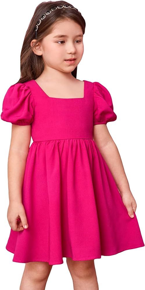 MakeMeChic Girl's Puff Sleeve Square Neck Button Tie Back Flared Party Summer Dress | Amazon (US)