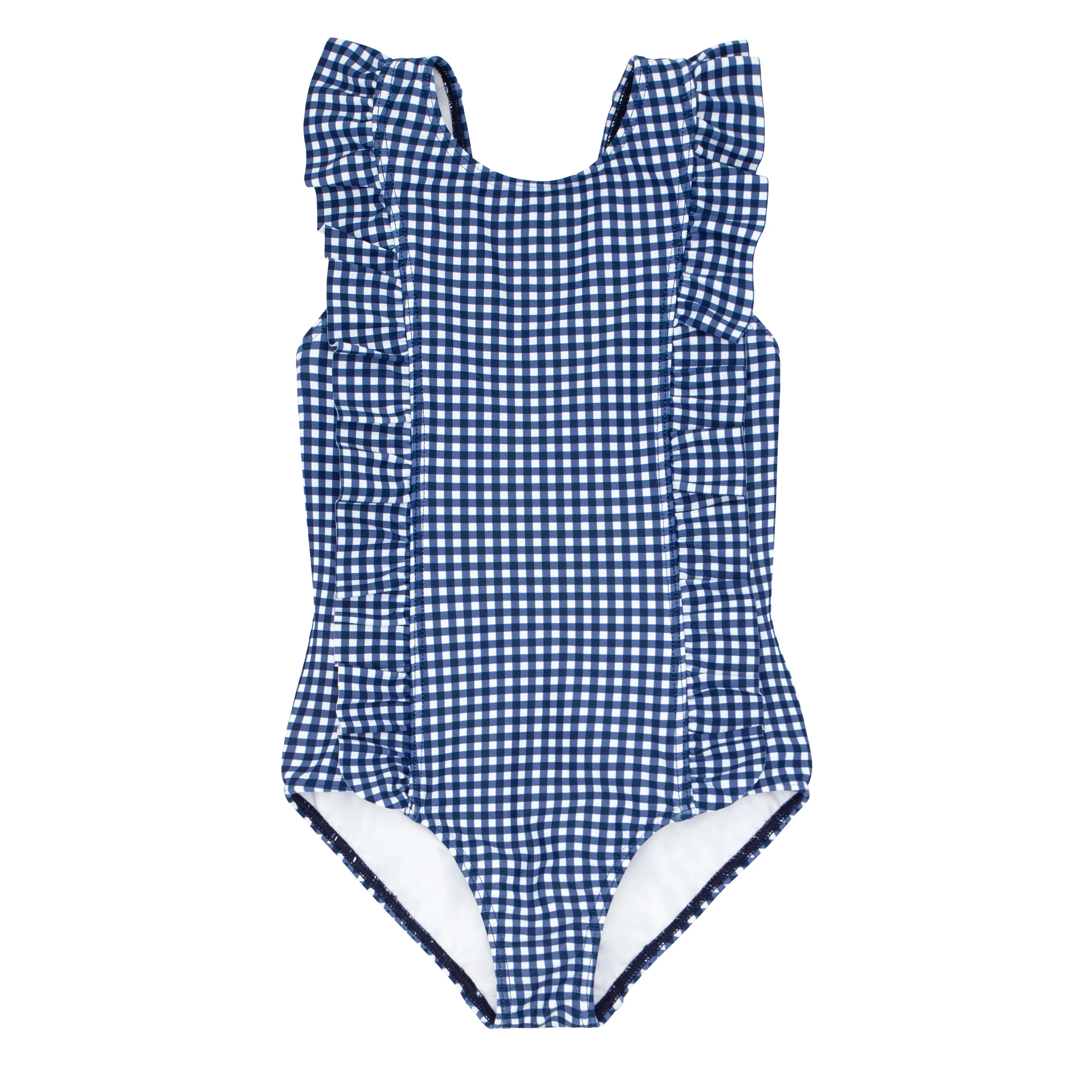 girls navy gingham ruffle one piece | minnow
