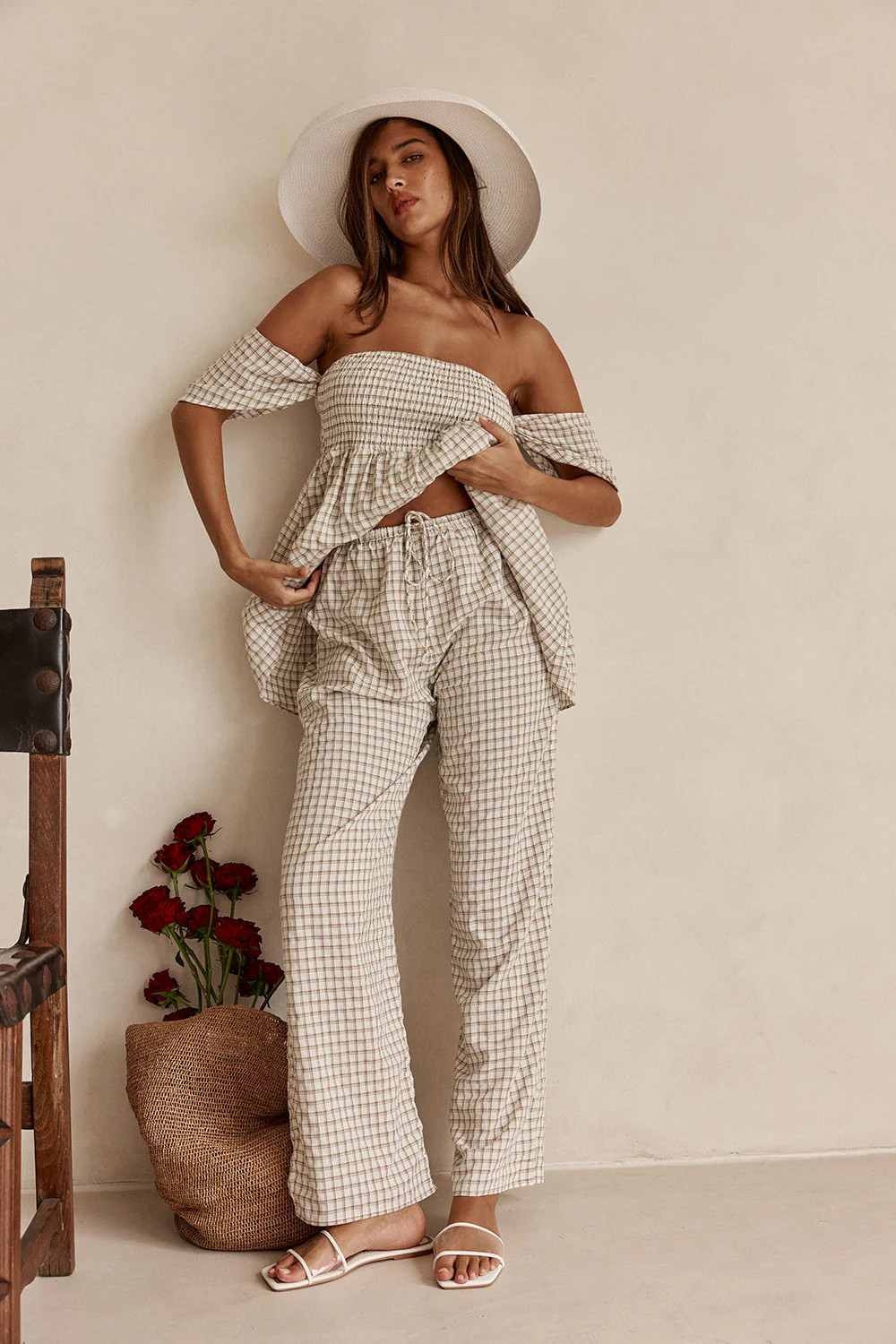 Beige Plaid Elastic Drawstring Sloane Pants | Sabo Skirt AU