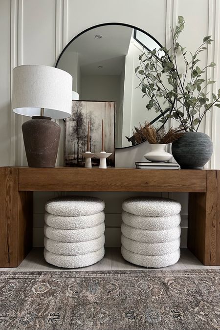 A mini refresh for the entry ..modern/organic/neutral pieces. Love the white stoneware  for a brighter look! Modern candlestick holders and wide vase are so affordable from H&M! 
Modern organic home decor 