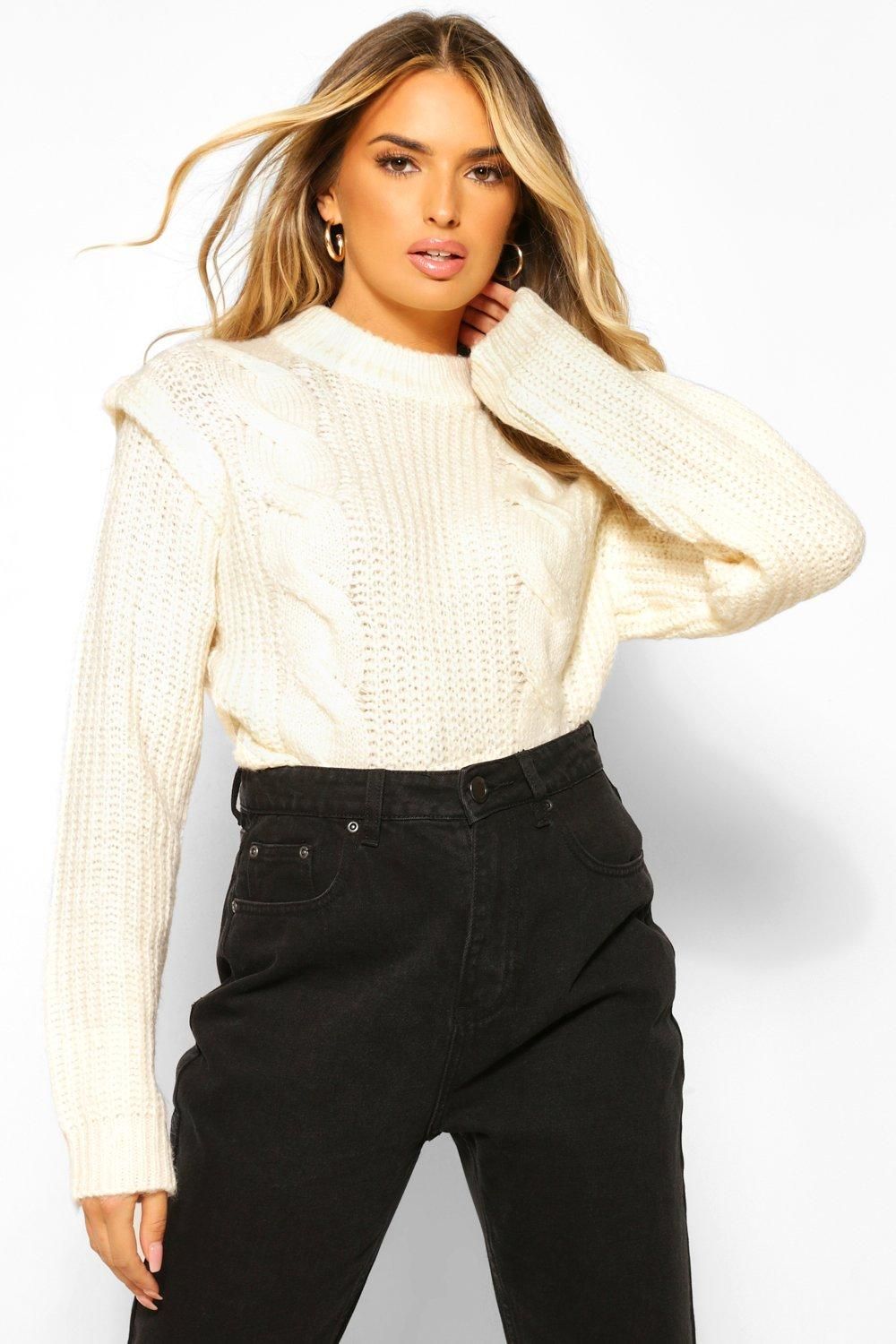 Womens Cable Knit Shoulder Pad Sweater - White - Xs | Boohoo.com (US & CA)