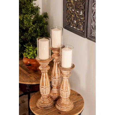 Traditional Distressed 3 Piece Wood Candlestick Set Ophelia & Co. | Wayfair North America