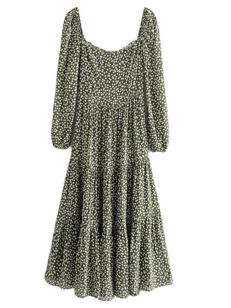 'Olivia' Spotted Print Square Neck Tiered Green Maxi Dress | Goodnight Macaroon