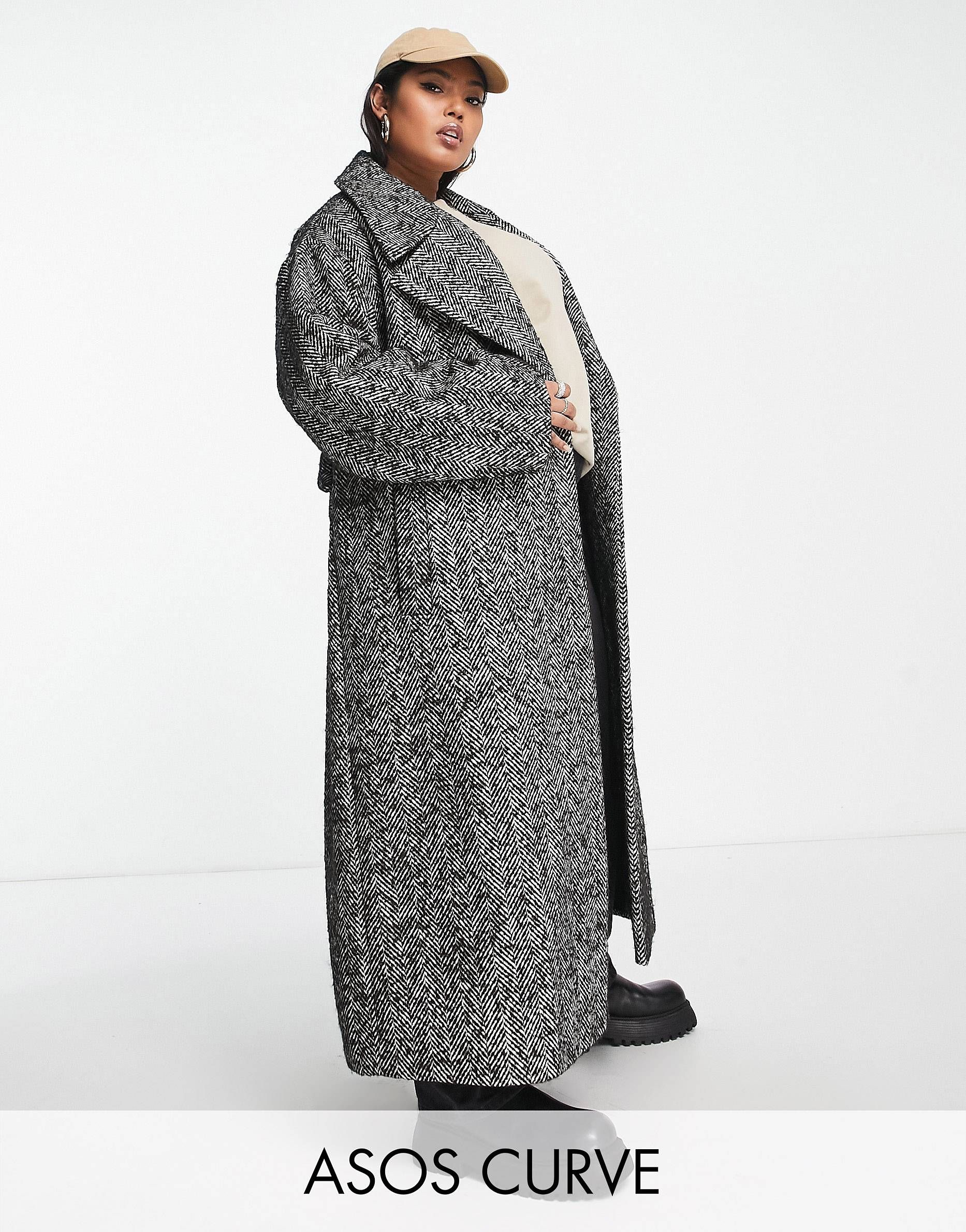 ASOS DESIGN Curve - Manteau habillé ceinturé à chevrons - Noir et blanc | ASOS (Global)