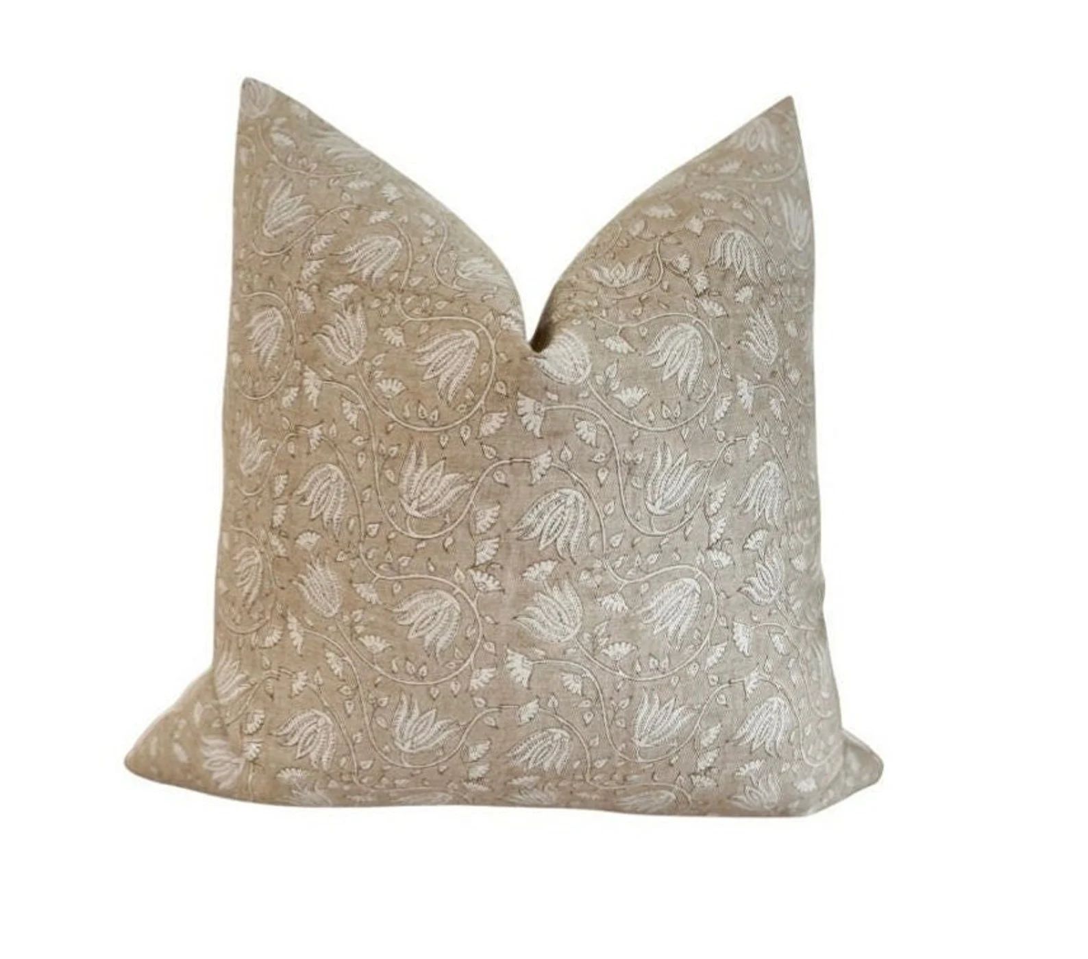 Sloane Designer Pillow| Beige Floral Pillow| Neutral Pillow| Brown Pillow| Linen Pillow| Block Pr... | Etsy (US)