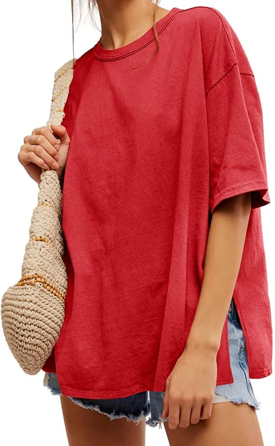Tankaneo Womens Oversized Tshirts Summer Casual Short Sleeve Crew Neck T Shirt Loose Fit Side Sli... | Amazon (US)
