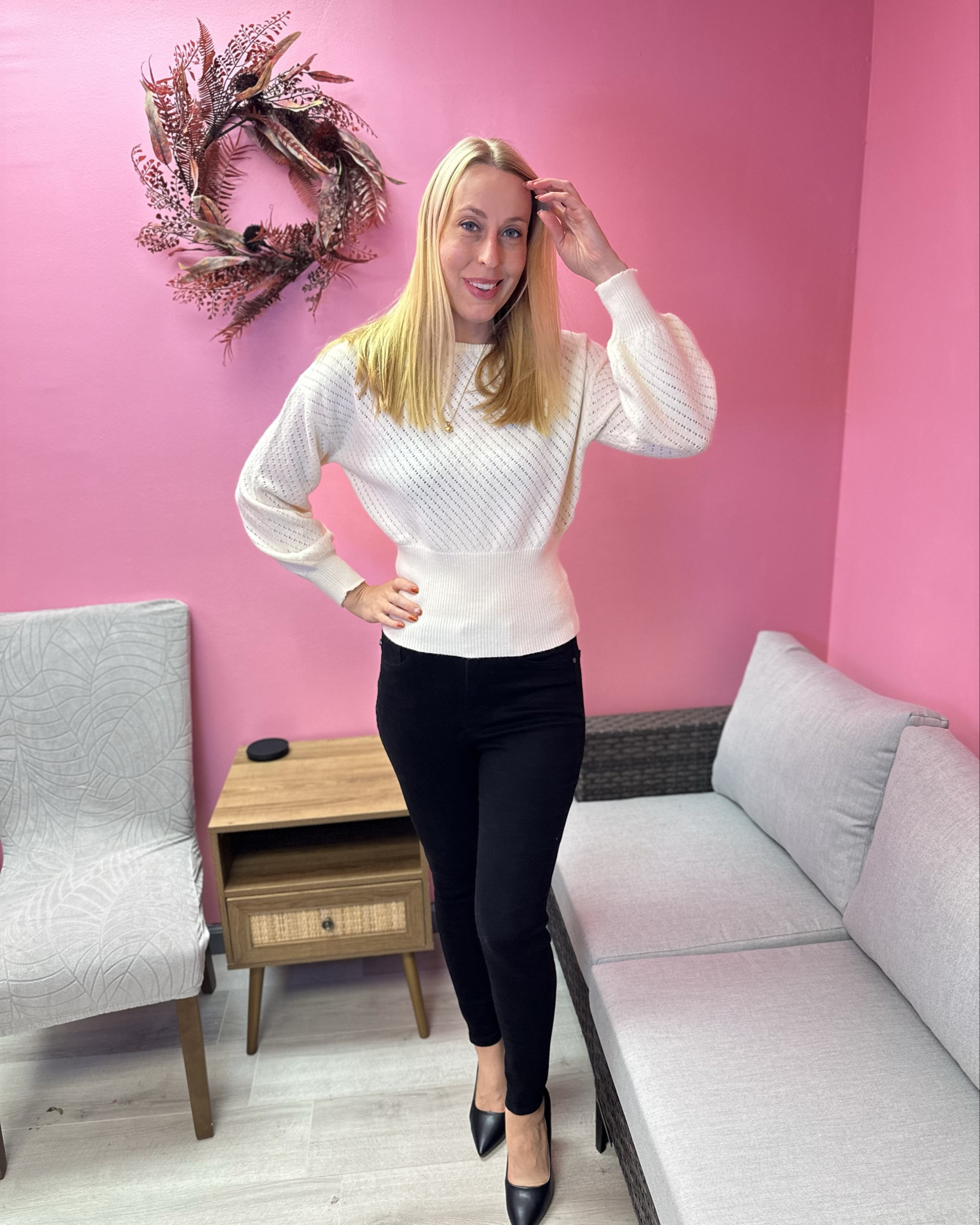 Flattering for cream sweater 
🤍this sweater is adorable and I love how it makes the waist look so small
🤍it has great stretch and comes in one other color 
🤍 fits true to size, wearing size small and I am 5’10”

#LTKTall #LTKStyleTip #LTKFindsUnder50