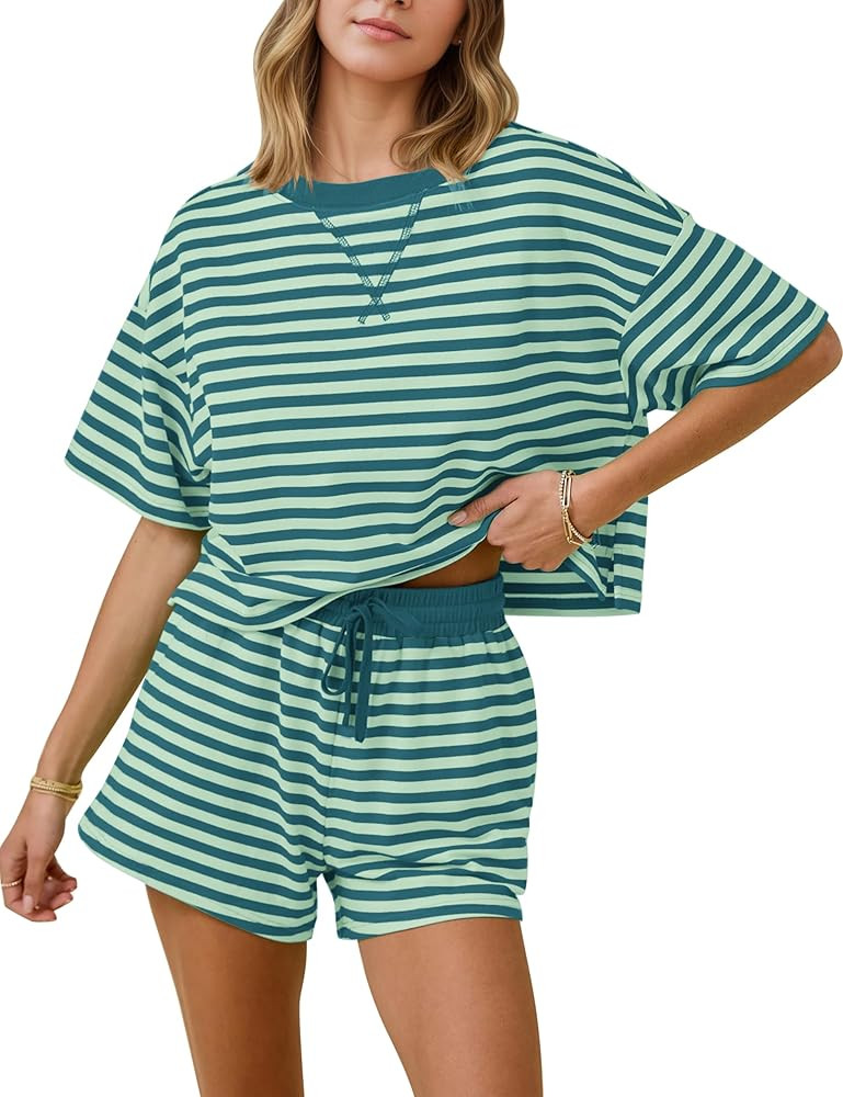 MISSACTIVER Womens Lounge 2 Piece Sets Summer Striped Matching Pajamas Set Short Sleeve Oversized... | Amazon (US)