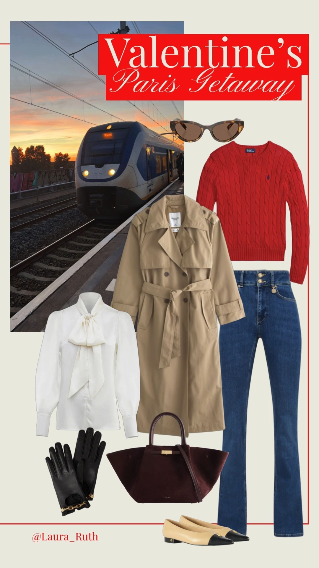 Jetting off to Paris via Eurostar calls for chic, effortless layers! Think a classic trench coat over a soft, feminine blouse and your favorite jeans, paired with sleek pointy-toe flats for exploring the city streets. A cosy red cable-knit draped over the trench adds a pop of Valentine’s charm, while a large burgundy tote keeps all your essentials close. Accessorize with black leather gloves and cat-eye sunglasses for that perfect Parisian flair. ❤️ timeless trench, soft neutrals, denim classics & Parisian elegance. valentines, Valentine’s Day, valentines outfit

#LTKuk #LTKjeans #LTKdatenight