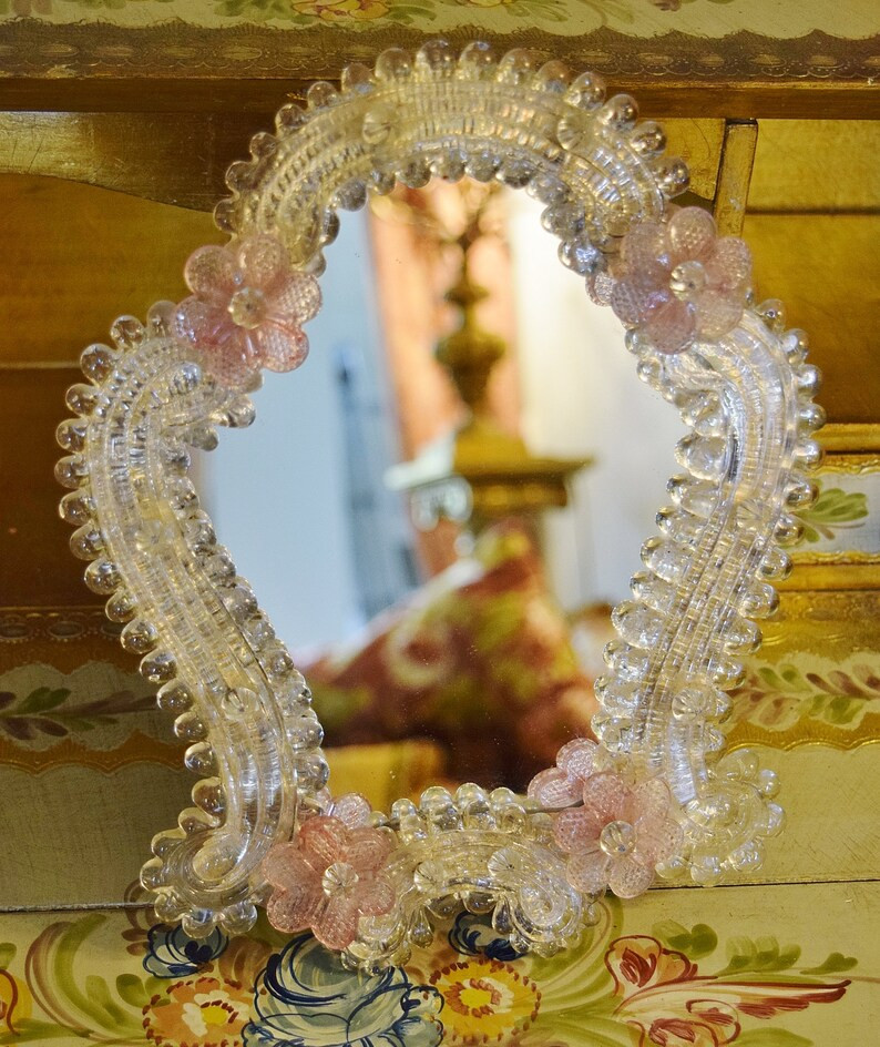 Gorgeous Vintage Italian Murano Glass Vanity Mirror on Stand With Pink Flowers - Etsy | Etsy (US)