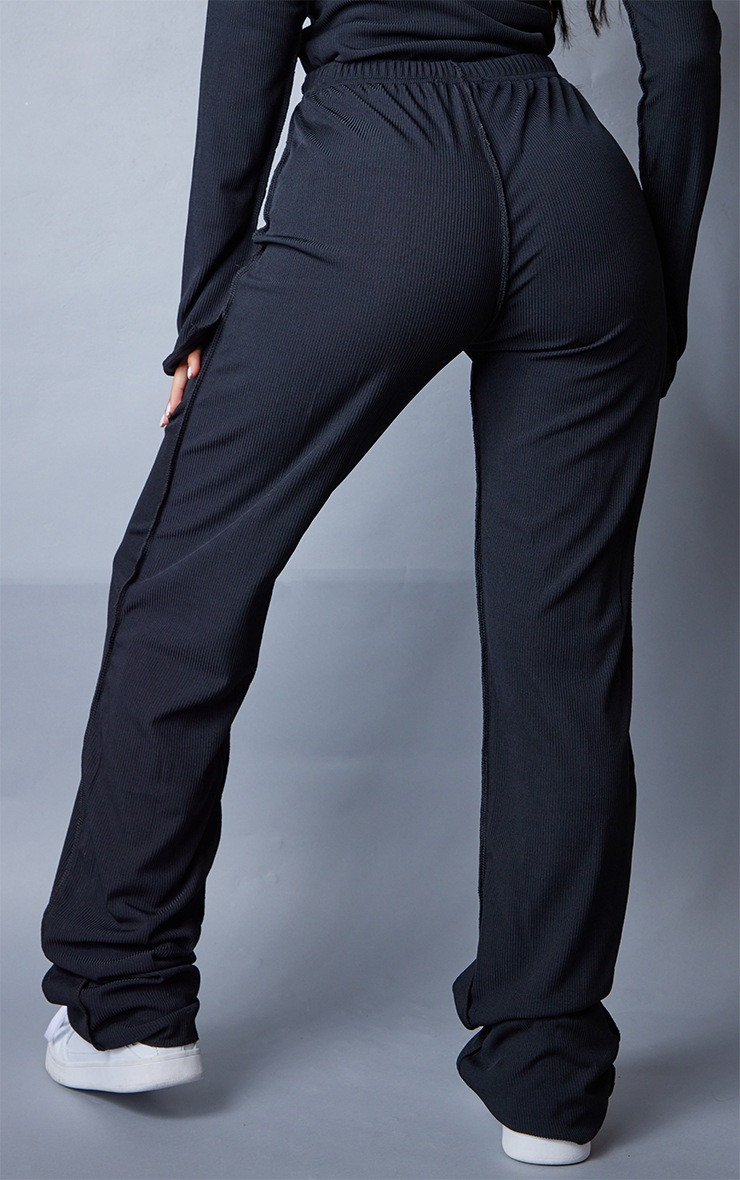 Petite Black Ribbed Seam Detail High Waisted Wide Leg Pants | PrettyLittleThing US