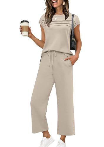 WIHOLL Beach Vacation Clothes for Women 2 Piece Travel Airport Outfits Fashion 2026 Comfy Summer Matching Sets Women Clothing Tropical Wide Leg Pants Lounge Sets Pjs Beige S | Amazon (US)
