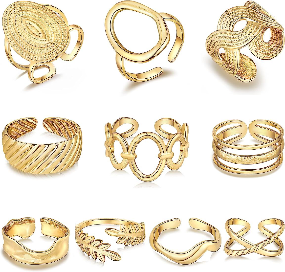 ZOERAY 10PCS Gold Rings for Women 14K Gold Plated Chunky Rings Set Wave Leaf Circle Trendy Statem... | Amazon (US)