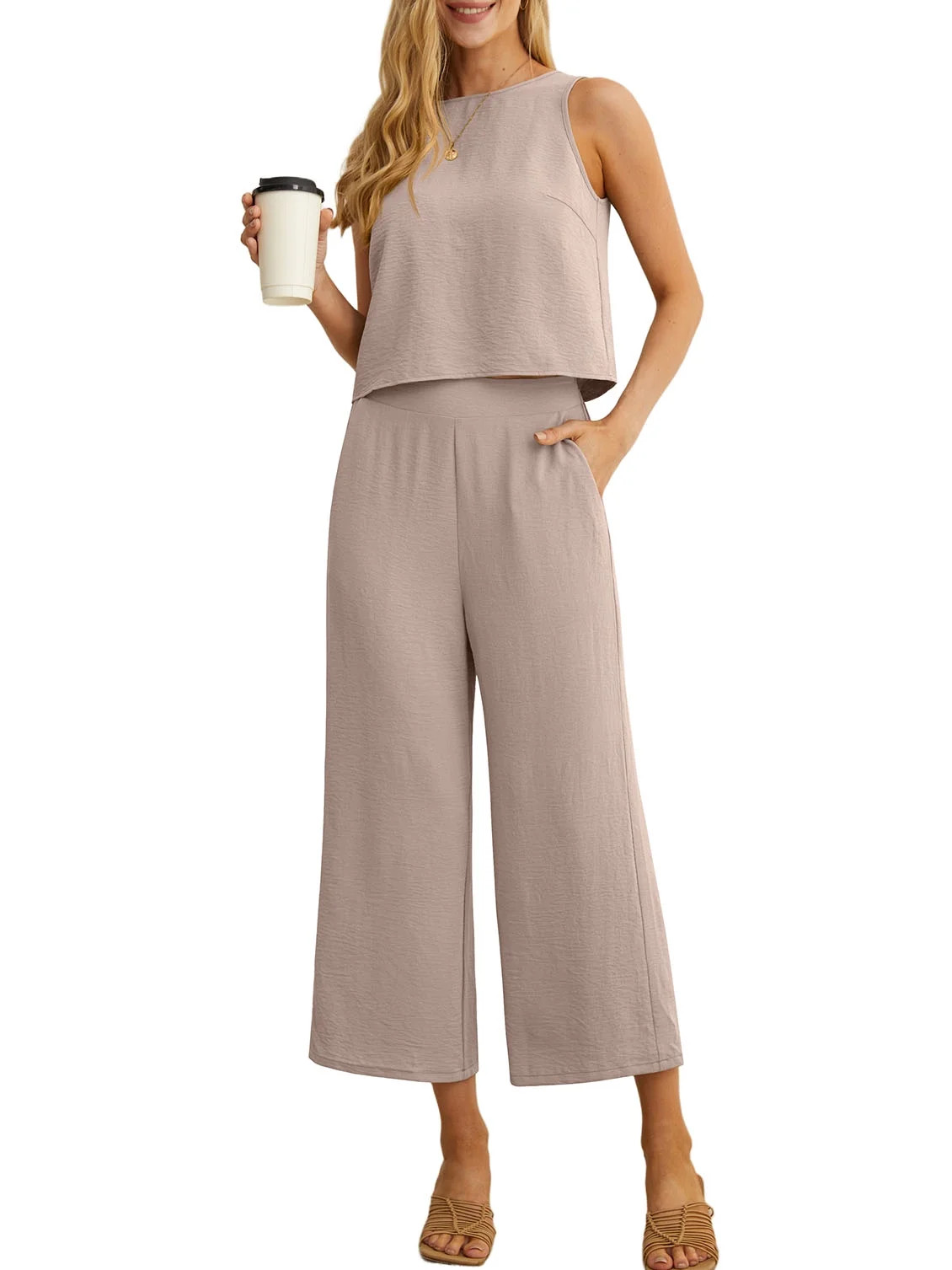 Cueply Women's Summer 2 Piece Outfits Lounge Sets Sleeveless Crop Top Wide Leg Cropped Pants with... | Walmart (US)