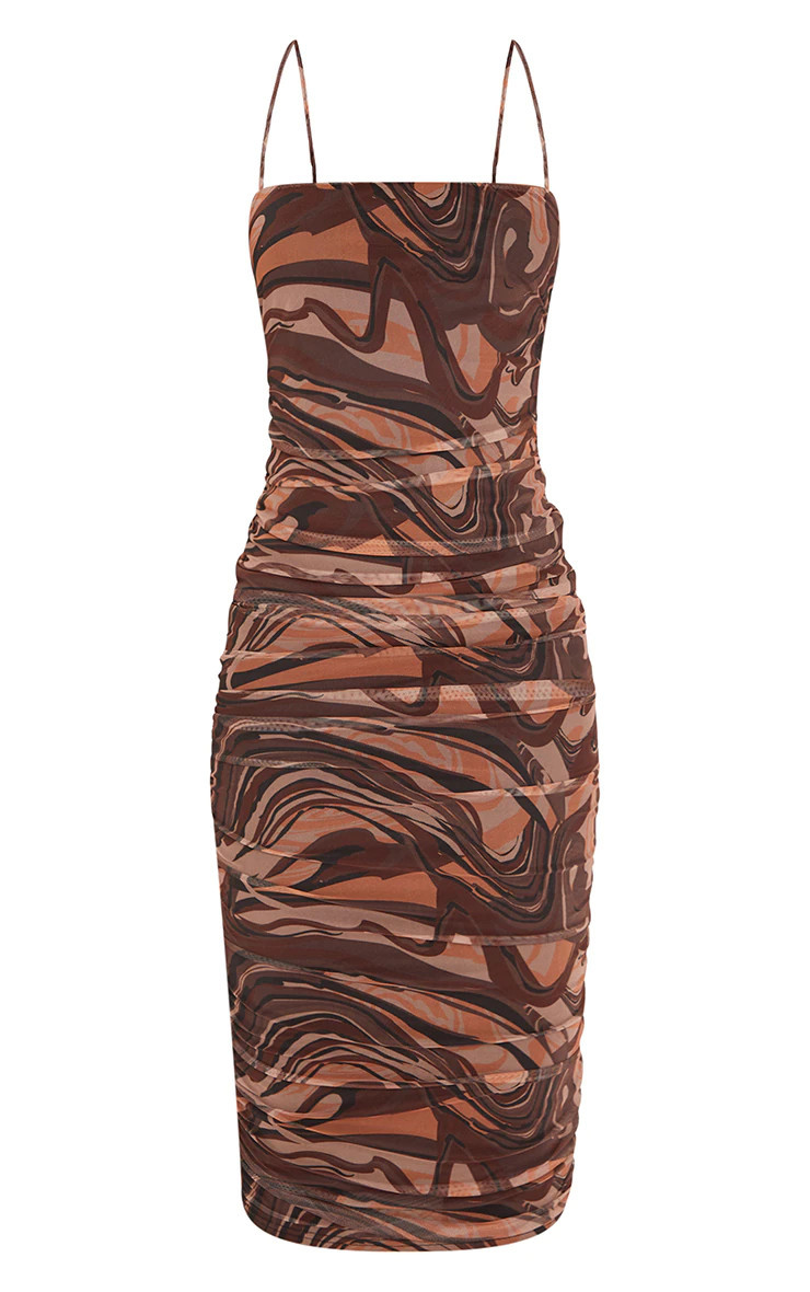 Tall Brown Swirl Print Mesh Ruched Midi Dress | PrettyLittleThing US