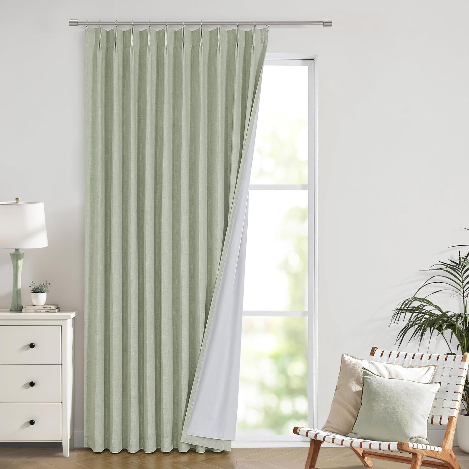 Vision Home Soft Green Pinch Pleated Full Blackout Curtains Linen Blended Room Darkening Window Panels 95 inch for Living Room Bedroom Thermal Insulated Pinch Pleat Drapes with Hooks 60" Wx95 Lx1 | Amazon (US)