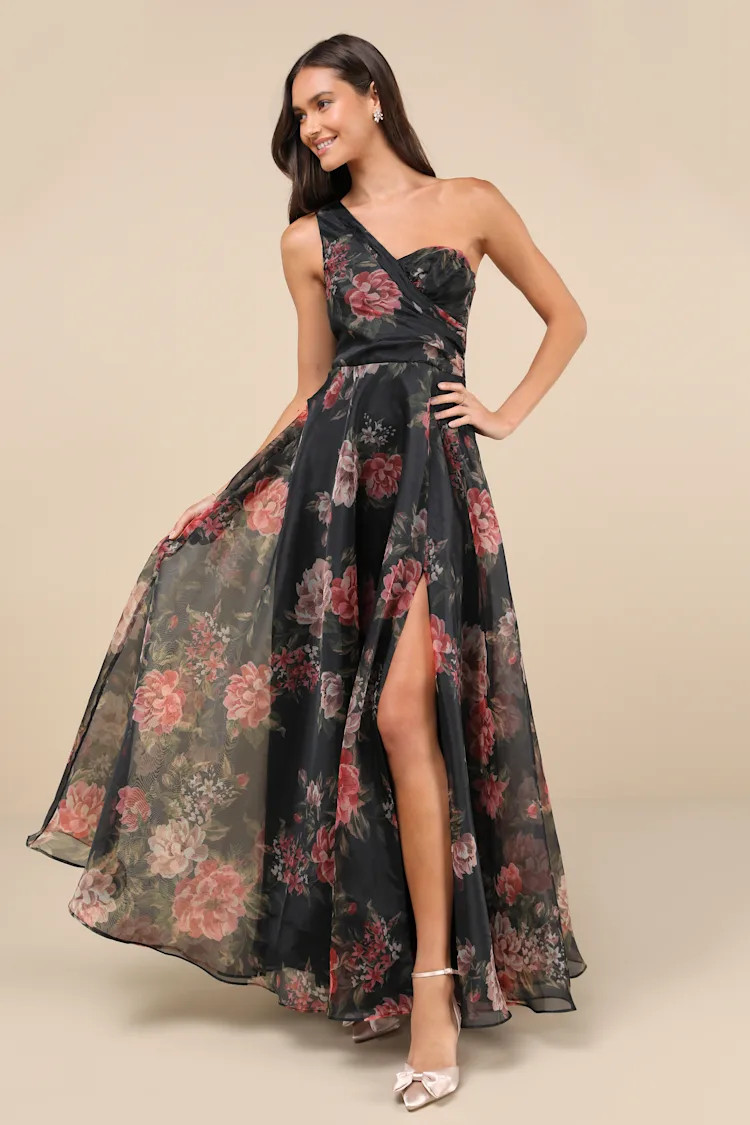 Truly Extraordinary Black Floral Organza One-Shoulder Maxi Dress | Lulus