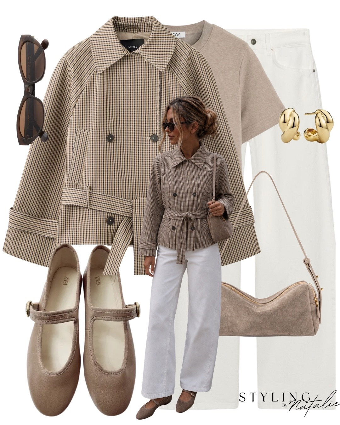 Belted checkered trench coat with collar, white wide leg jeans, Mary Jane ballet flats, suede bag, gold earrings and brown sunglasses. 
Autumn outfit, fall look, jacket, casual chic, Zara, neutral look. @Mejuri @Elleme

#LTKeurope #LTKjeans #LTKautumn