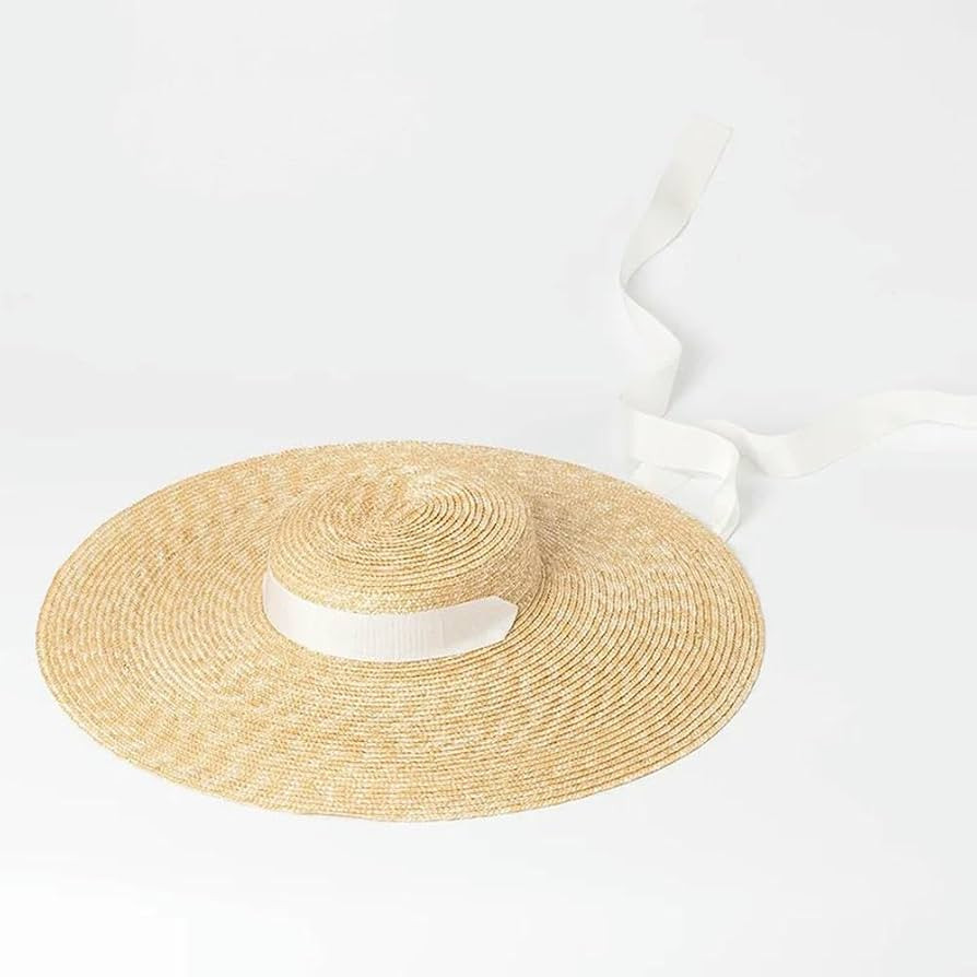 Wide Brim Sun Hat 15cm Brim Straw Hat Flat for Women Beach Caps White Black Ribbon Tie Beach Side... | Amazon (UK)