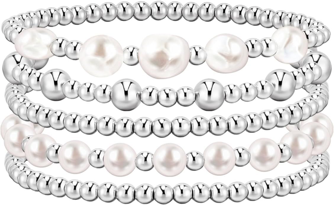Silver Bracelets For Women Trendy Cute Pearl Beaded Gold Bracelet Stack Set Enewton Dainty Stretc... | Amazon (US)