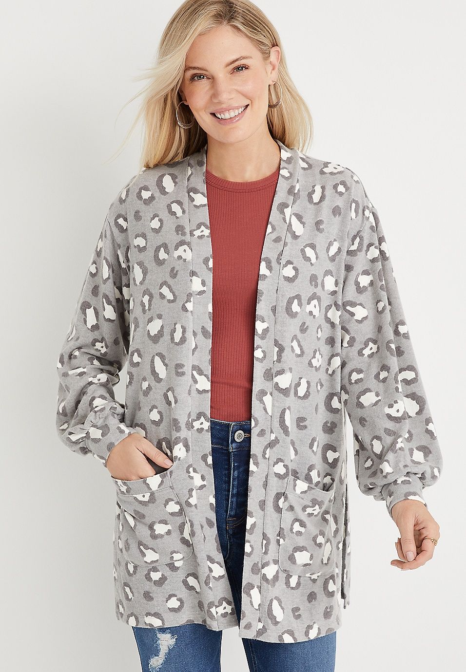 Gray Leopard Pocket Cardigan | Maurices