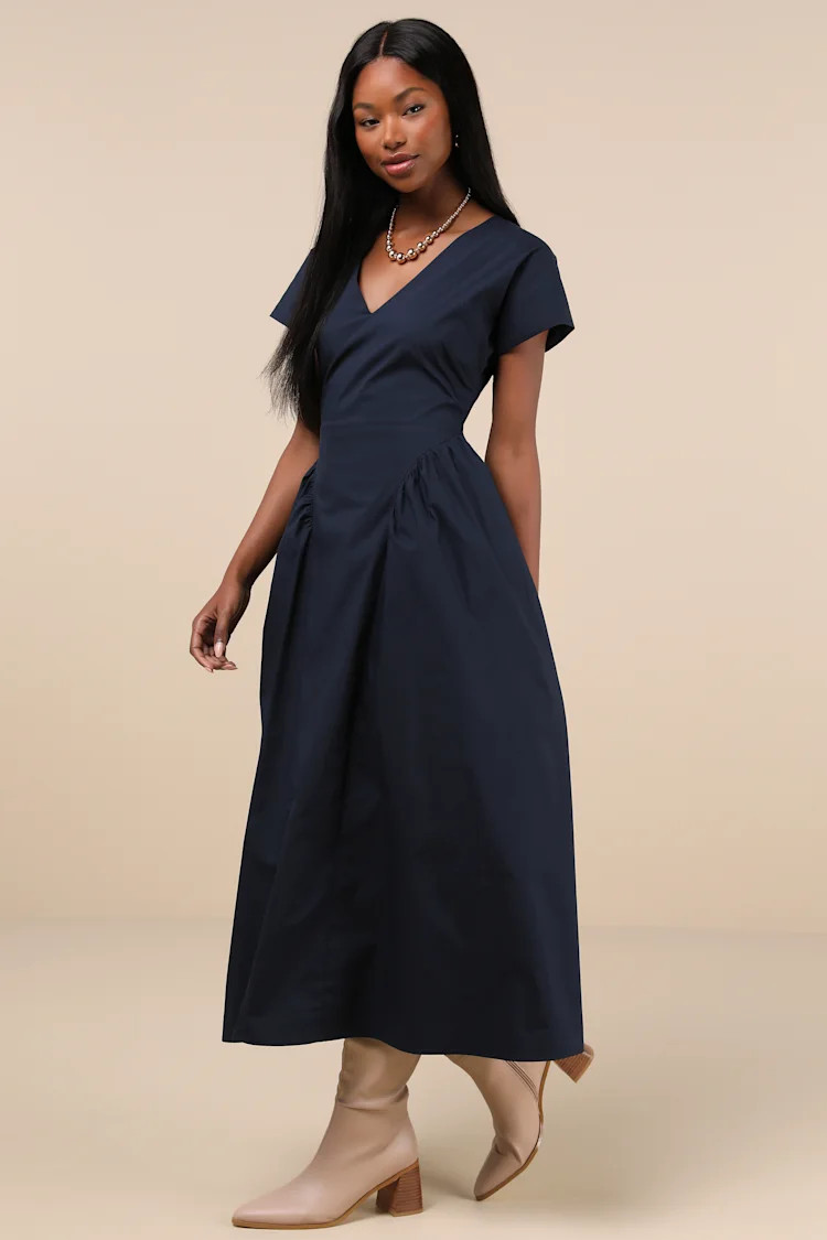 Modern Concept Navy Short Sleeve V-Neck Midi Dress With Pockets | Lulus