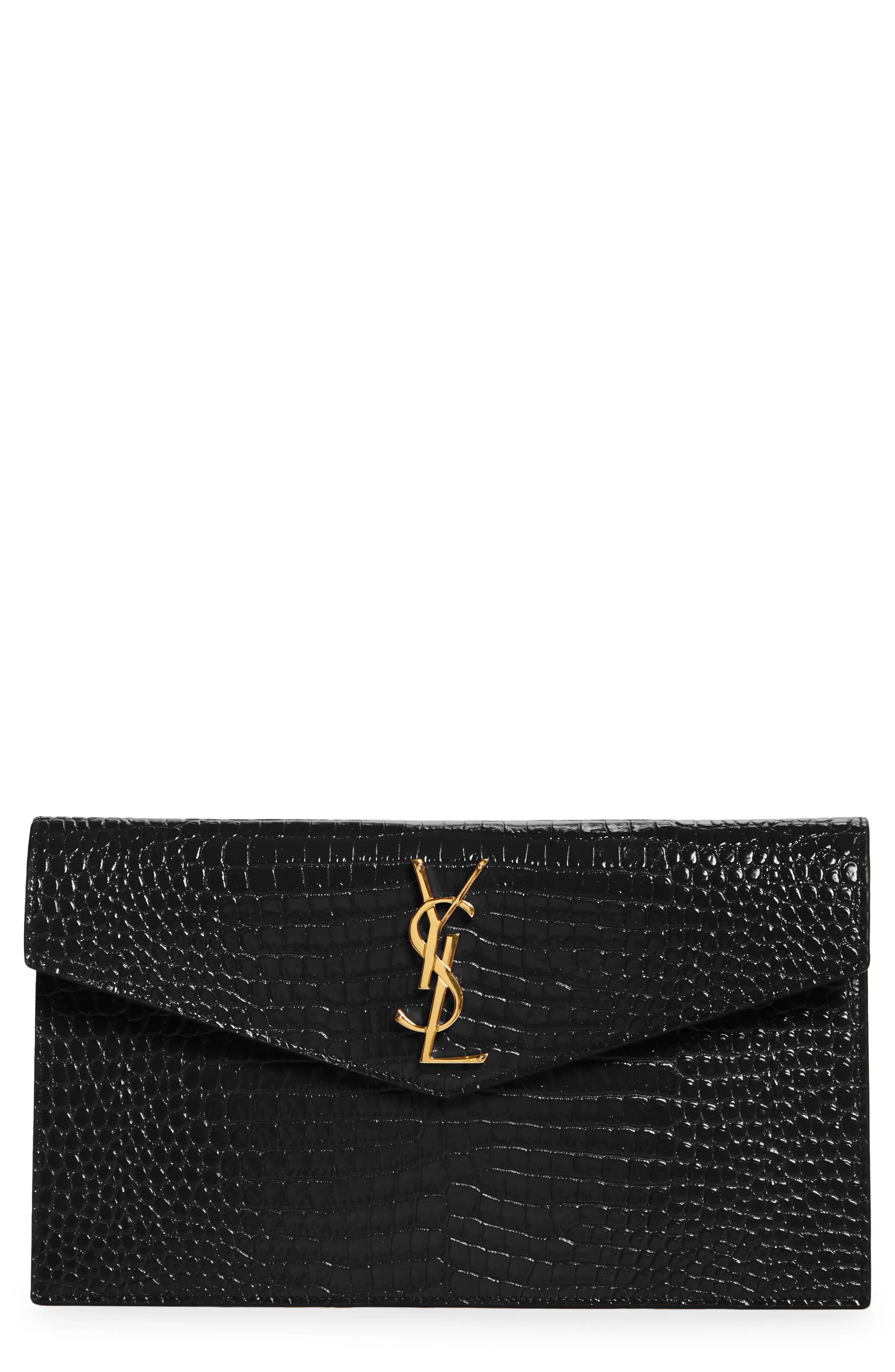 Saint Laurent Uptown Croc Embossed Leather Pouch in Nero at Nordstrom | Nordstrom