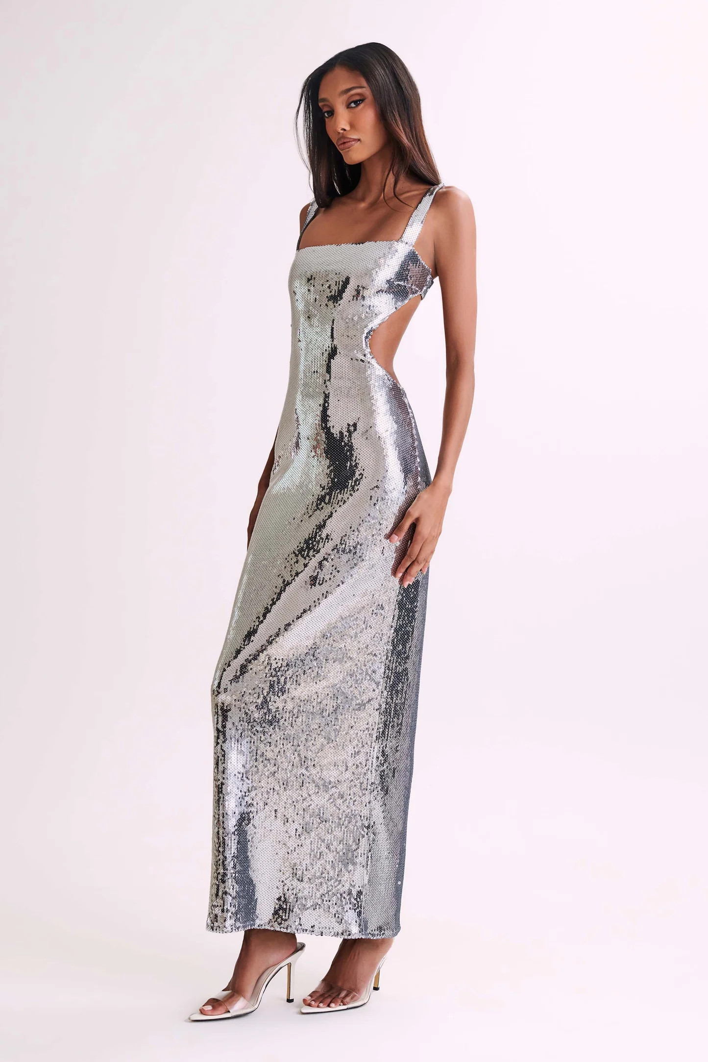 Sequin Cut Out Maxi Dress - Silver | MESHKI US