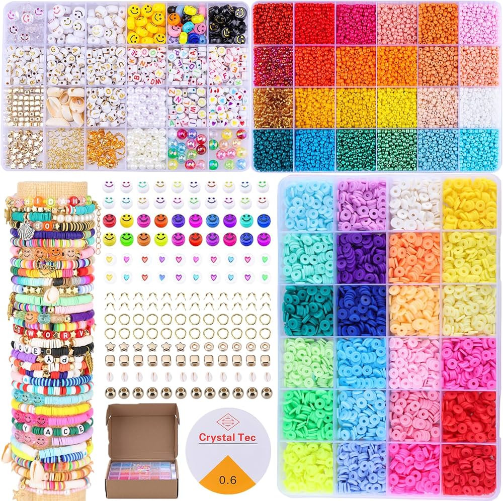 SJZWSD Friendship Bracelet Kit - 13000pcs Polymer Clay & Glass Seed Beads, 48 Colors, 6mm Heishi ... | Amazon (US)