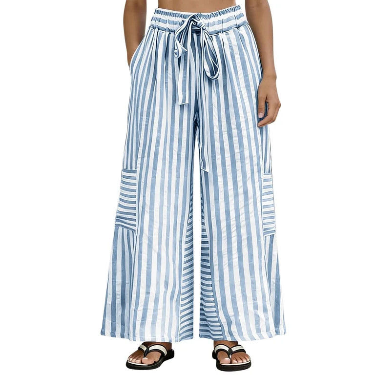 Women's Chic Wide Leg Striped Pants, Lightweight Loose Summer Beach Travel Vacation Trousers with... | Walmart (US)