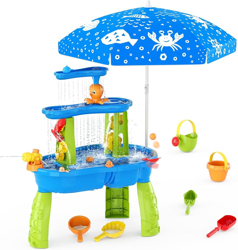 Water Table for Toddlers 3-5, 3-Tier Kids Splash Sand Table Water Toys with Umbrella, Rain Shower... | Amazon (US)