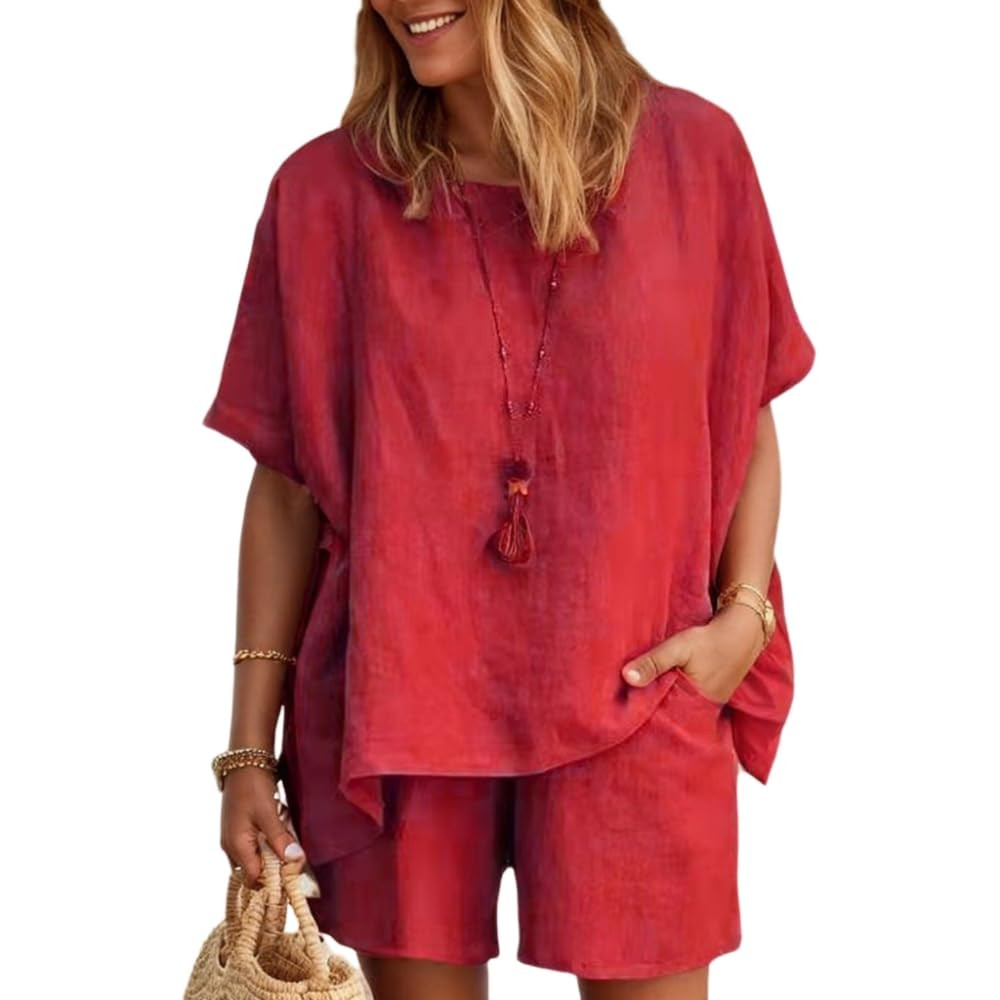 Two Piece Cotton Linen Outfits for Women Summer Casual Half Sleeve Tops and Loose Shorts Fit Stre... | Amazon (US)