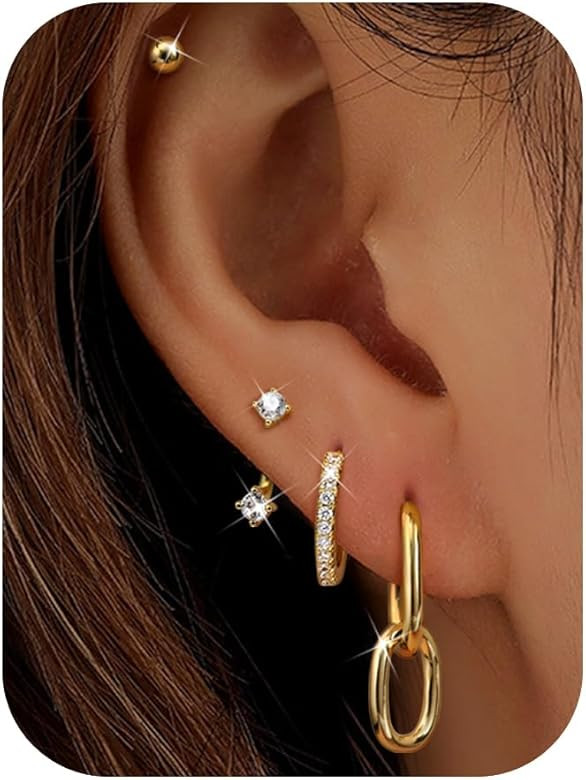 Gold Earrings for Women Surgical Steel - Hypoallergenic 14K Gold Plated Huggie Hoop Earring Set S... | Amazon (US)
