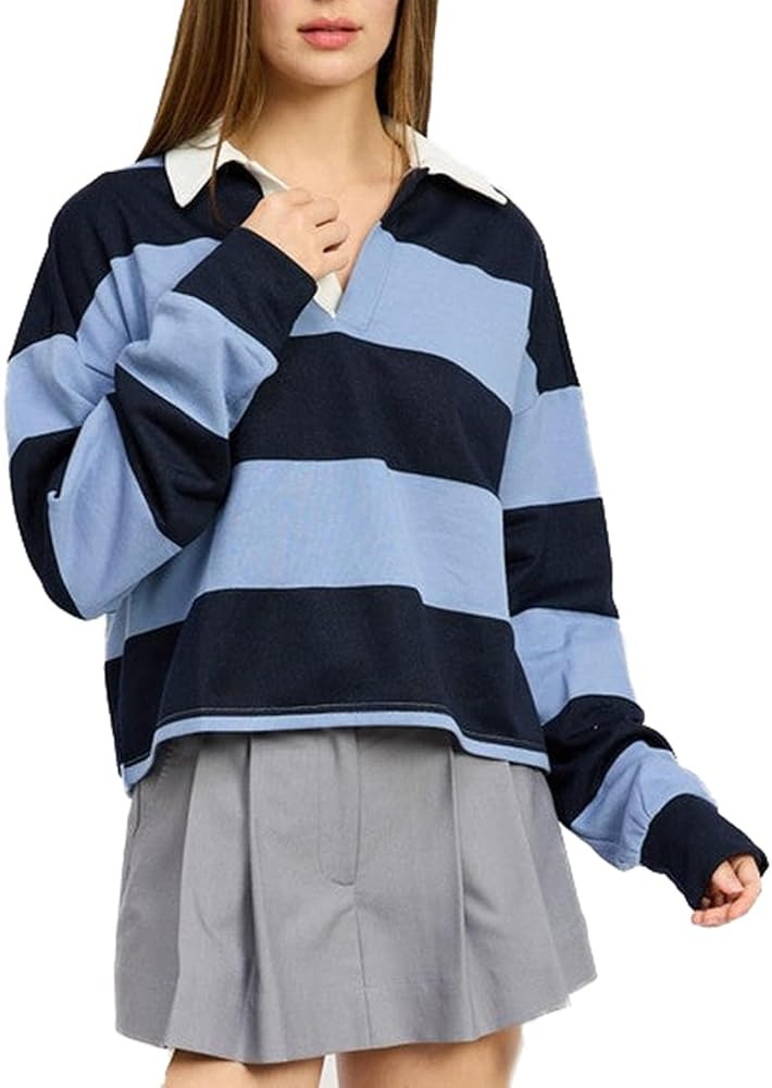 Women Vintage Cropped Rugby Top Collared V Neck Long Sleeve Striped Crop Top Polo Sweatshirt Fall... | Amazon (US)