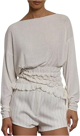 Verdusa Women's Shirred Cinched Waist Tops Long Sleeve Shirts Lightweight Loose Fit Boat Neck Top... | Amazon (US)