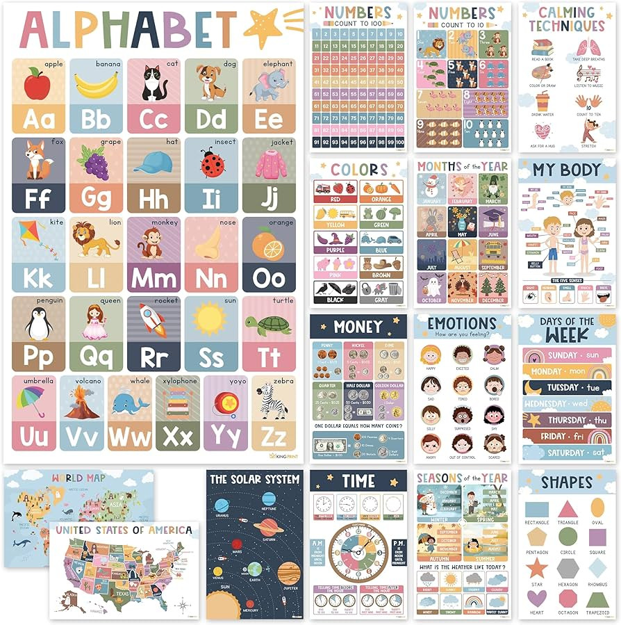 KINGPRINT 16 Laminated Educational Posters For Toddlers (11"x17"), Boho Posters For Classroom, Ho... | Amazon (US)