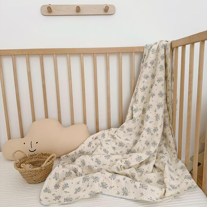 Blue Floral 100% Cotton Muslin Blanket Soft Lightweight Toddler Bed/Crib Quilt Shabby Chic Flower... | Amazon (US)