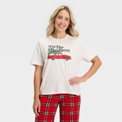 Women's "Tis the Season" Short Sleeve Holiday Matching Family Pajama Shirt - Wondershop™ Cream | Target