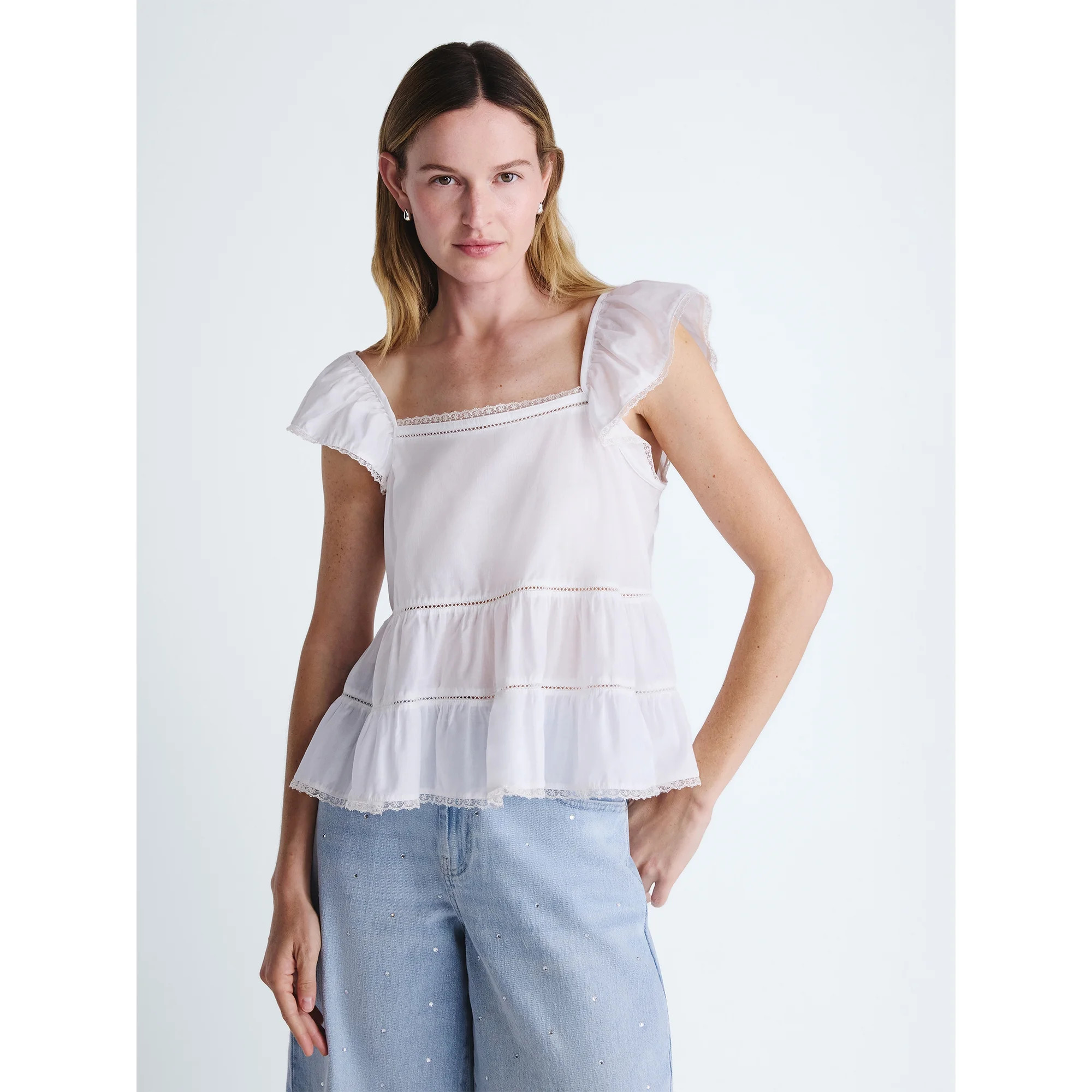 Scoop Women’s Flowy Lace Cotton Top, Sizes XS-XXL | Walmart (US)