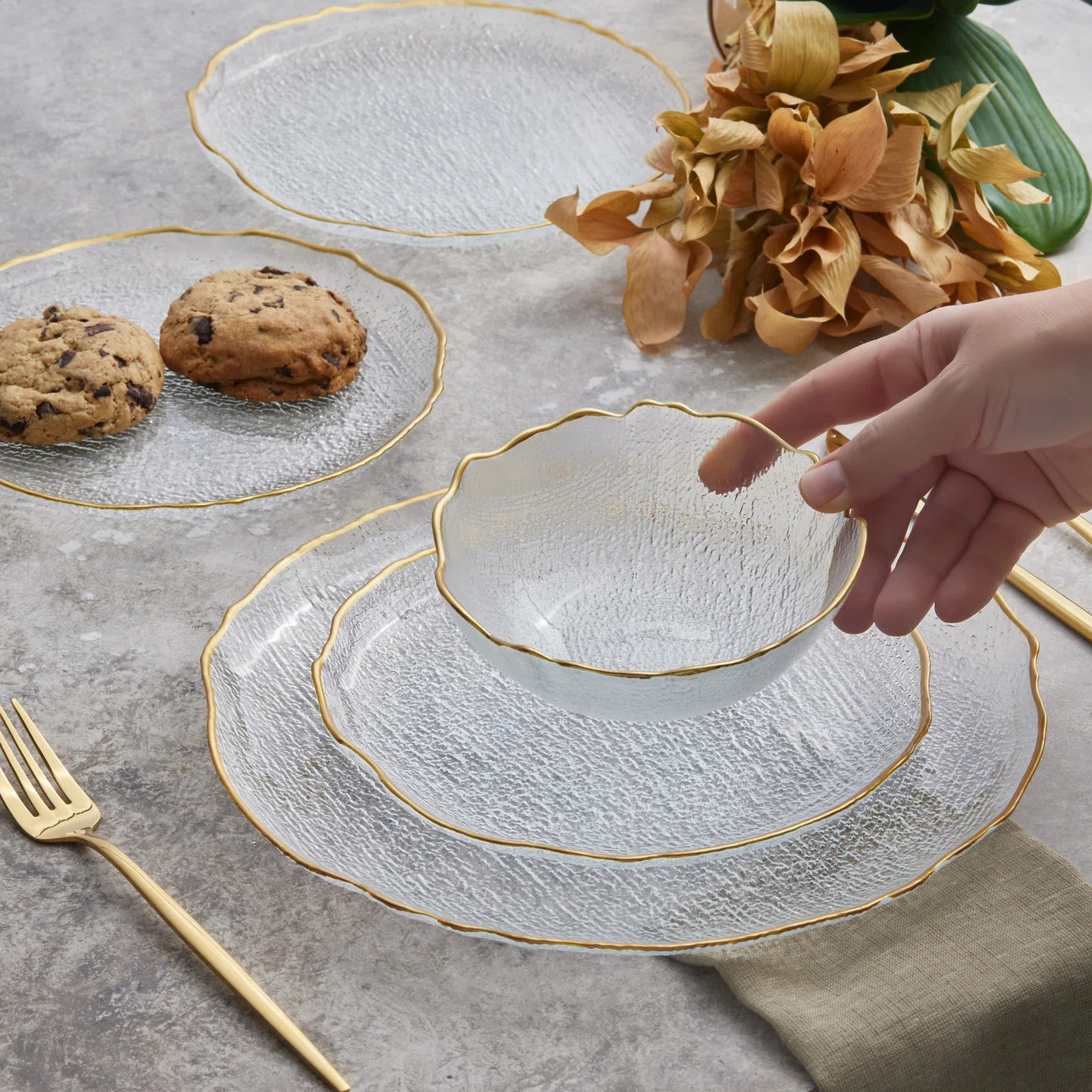 Karaca Milanda 12-Piece Glass Dinner Set for 4 People, Transparent Gold | Wayfair UK