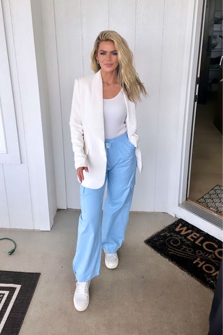 Spring outfit // blazer outfit// cargo pant outfit// spring work outfit // casual spring outfit// sneakers// rhinestone sneakers // work outfit// date night outfit// casual date night outfit// vacation outfit // 

#LTKworkwear #LTKfindsunder100 #LTKstyletip