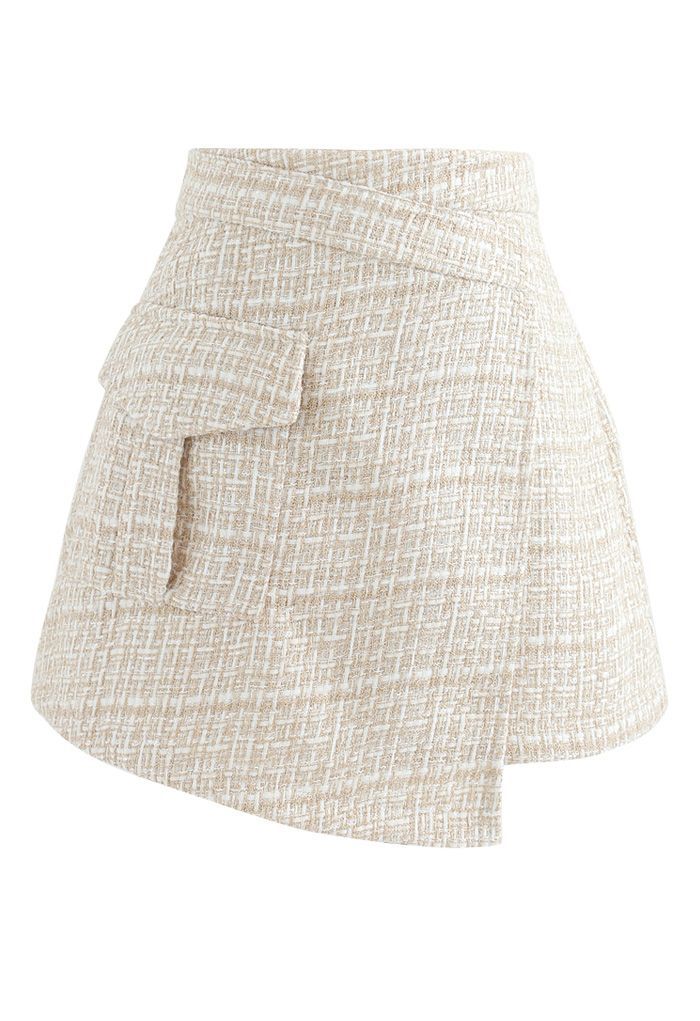 Tweed Asymmetric Mini Skirt in Light Yellow | Chicwish