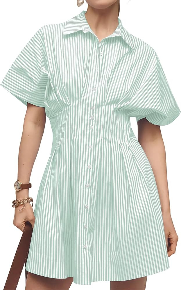 Women Summer Short Sleeve Button Front Pleated Shirt Dress Striped Collar V Neck Casual Y2k Swing... | Amazon (US)