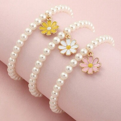 3pcs/Set Girls Pearl Flower Beaded Bracelet Set, Suitable For Everyday Wear | SHEIN
